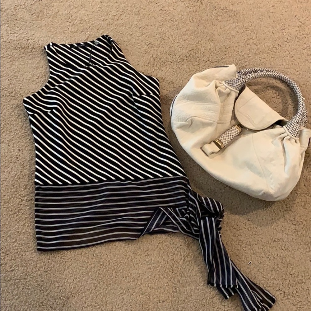 Striped blouse with silk tie at hip